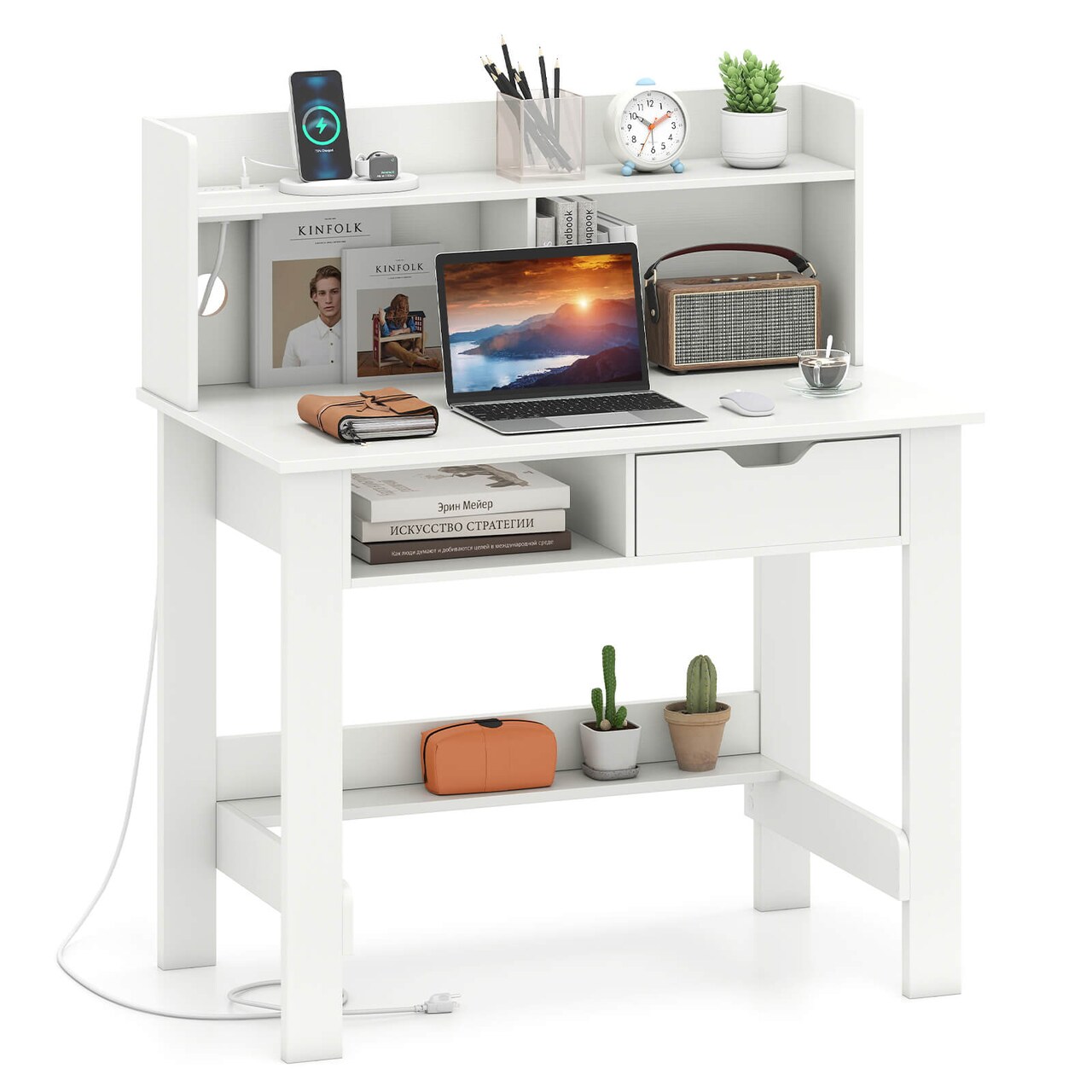 Costway Computer Desk with Power Outlets and USB Ports & Type-C Hutch Open Shelf Drawer Black/White